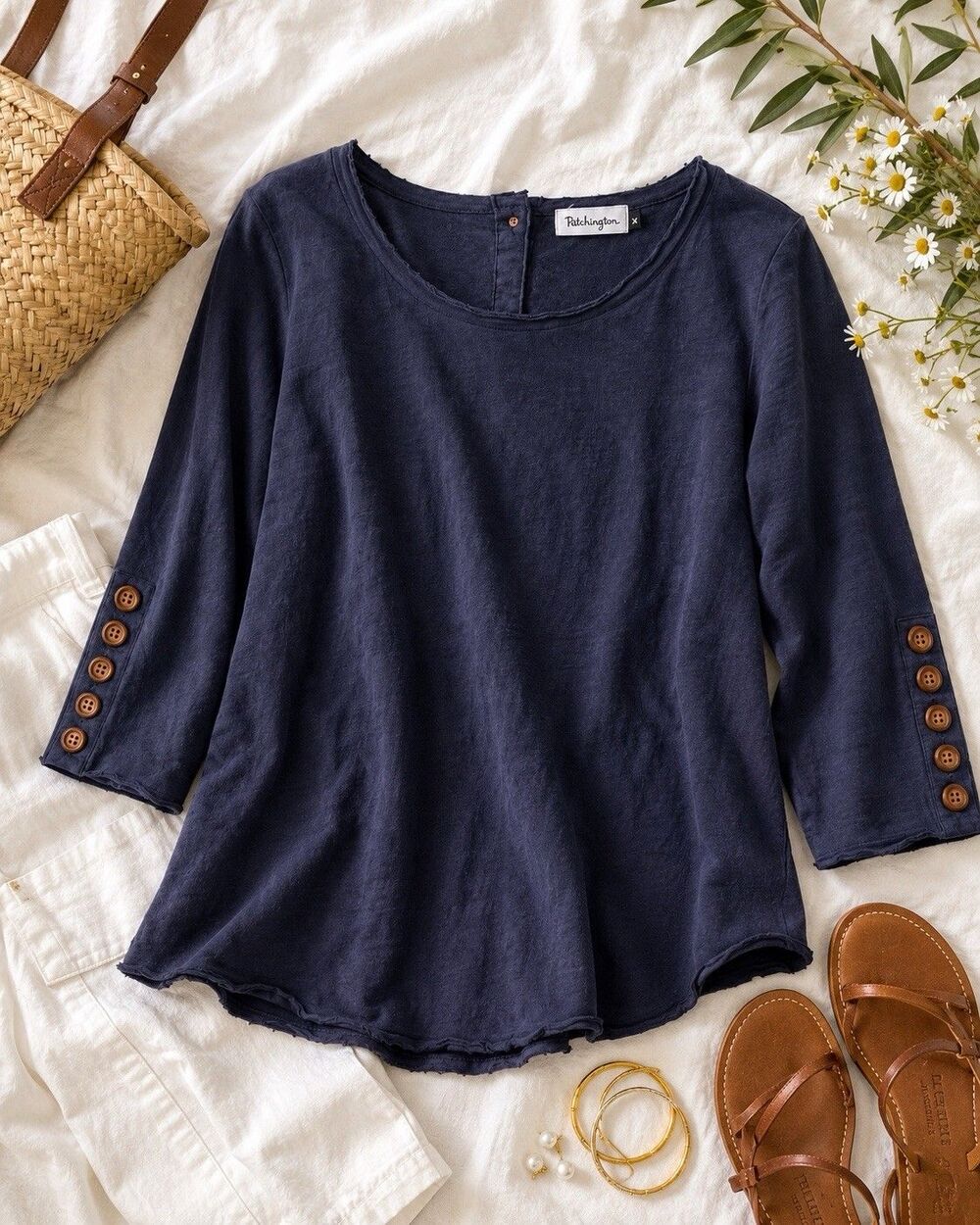 Patchington Navy Cotton Button Back Swing Top M